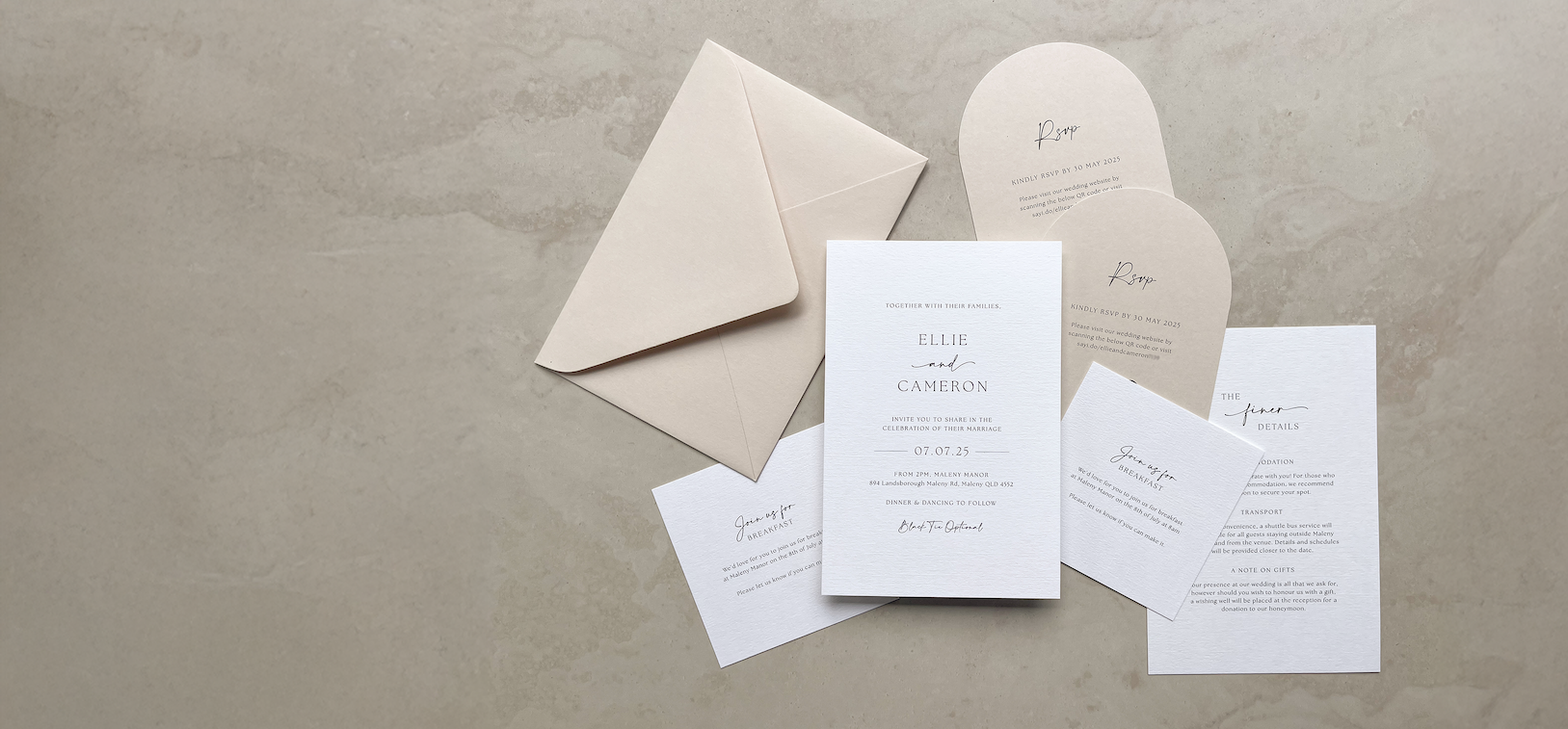 Wedding invitation set with envelope on a beige background